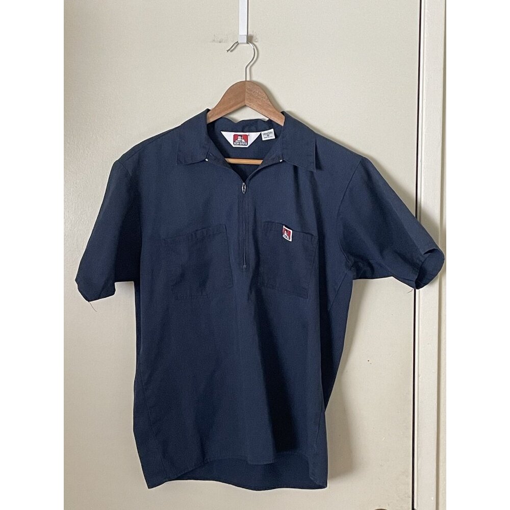 Vintage Ben Davis Shirt Mens Medium Blue 1/4 Zip Mechanic Polo Workwear USA